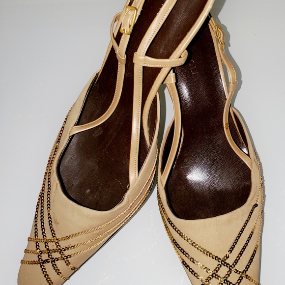 ALFIO CECCONI GOLD SEQUIN & SILK GOLDEN HEEL SLINGBACK KITTEN HEEL SZ 8M - Picture 12 of 16